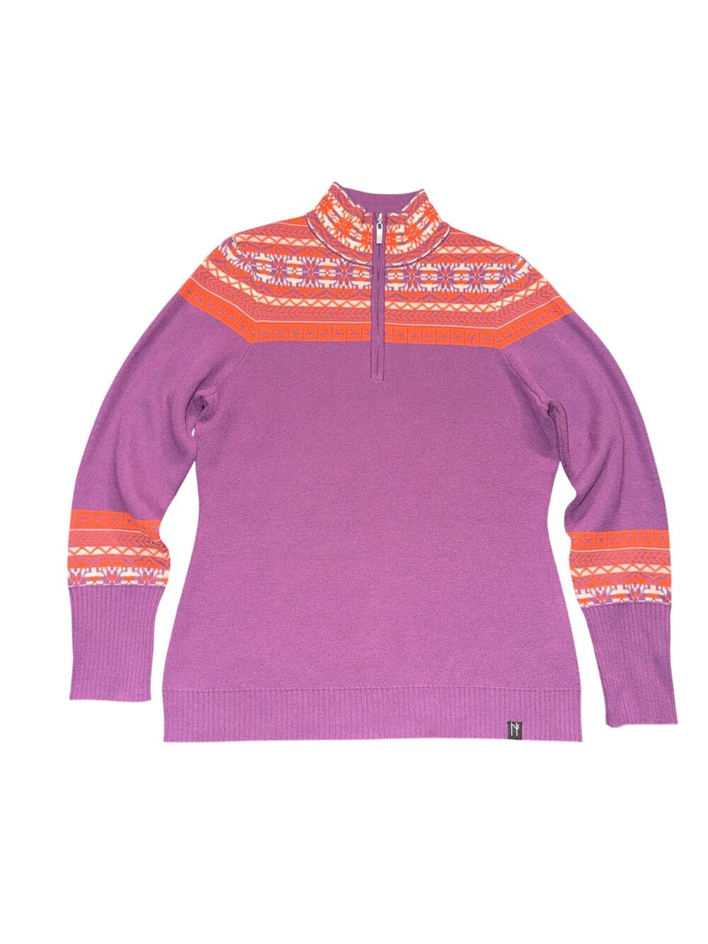 Neve Merino Wool Blend Quarter Zip Sweater Purple Fair Isle Knit Pullover L
